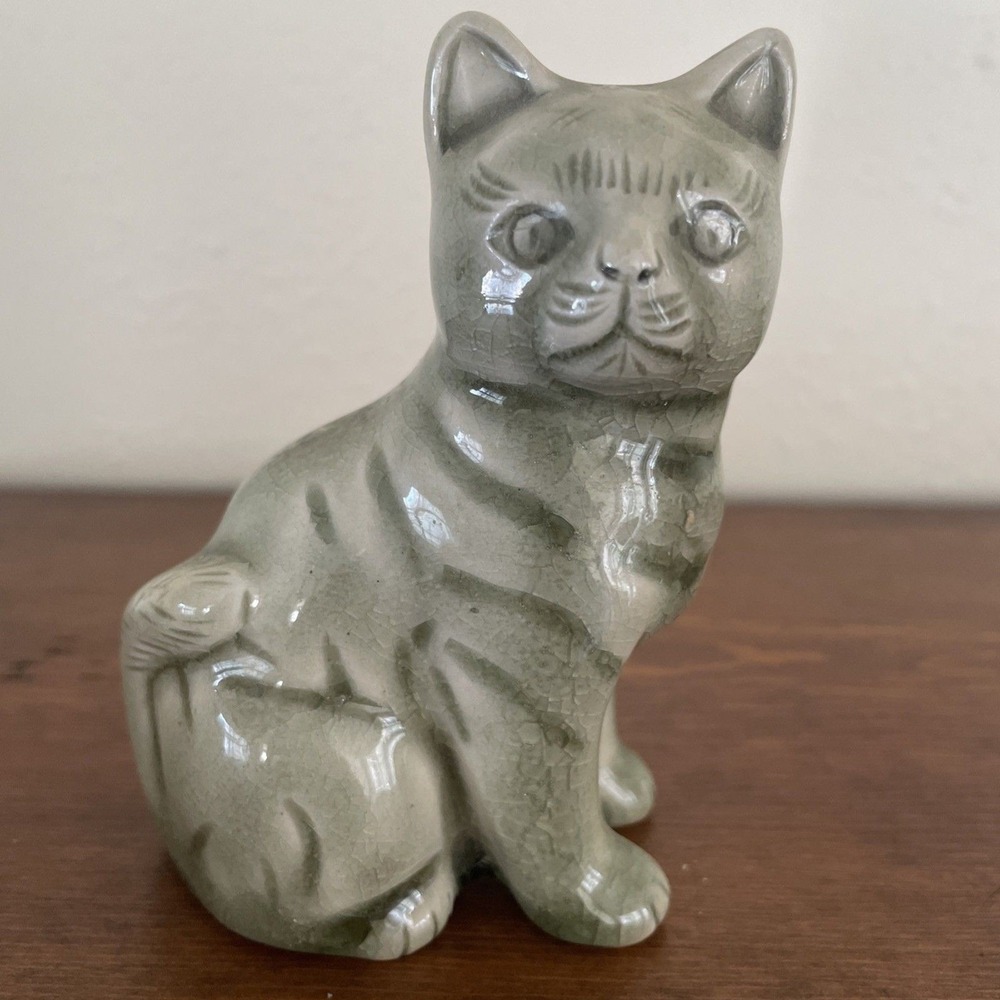 Vintage Pottery Figurine Cat Kitten Celadon Light Green Crackled Tabby